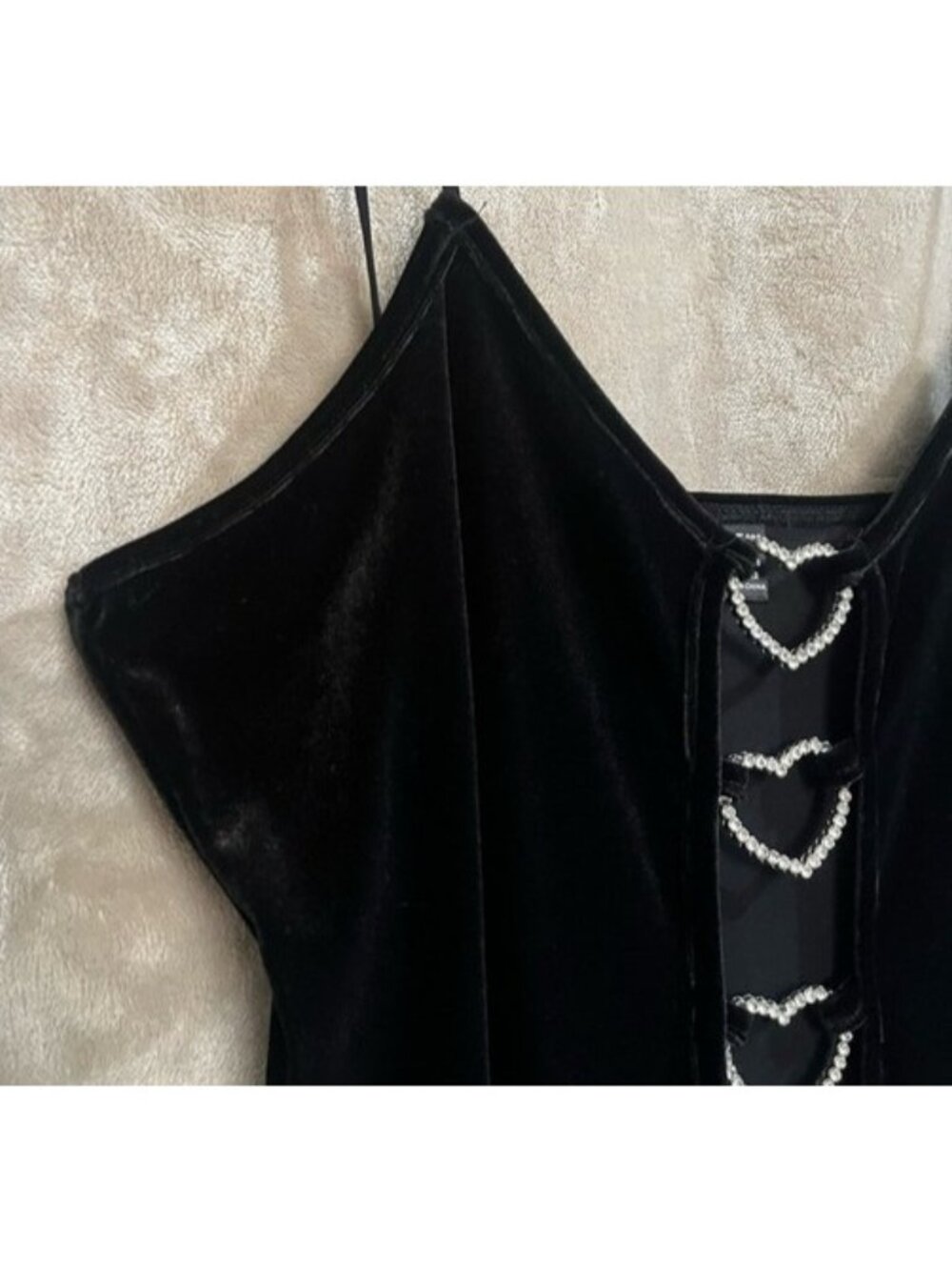 SHEIN Black Velvet Mini Sexy Rhinestone Heart Cutouts Spaghetti Straps Dress - Picture 12 of 16